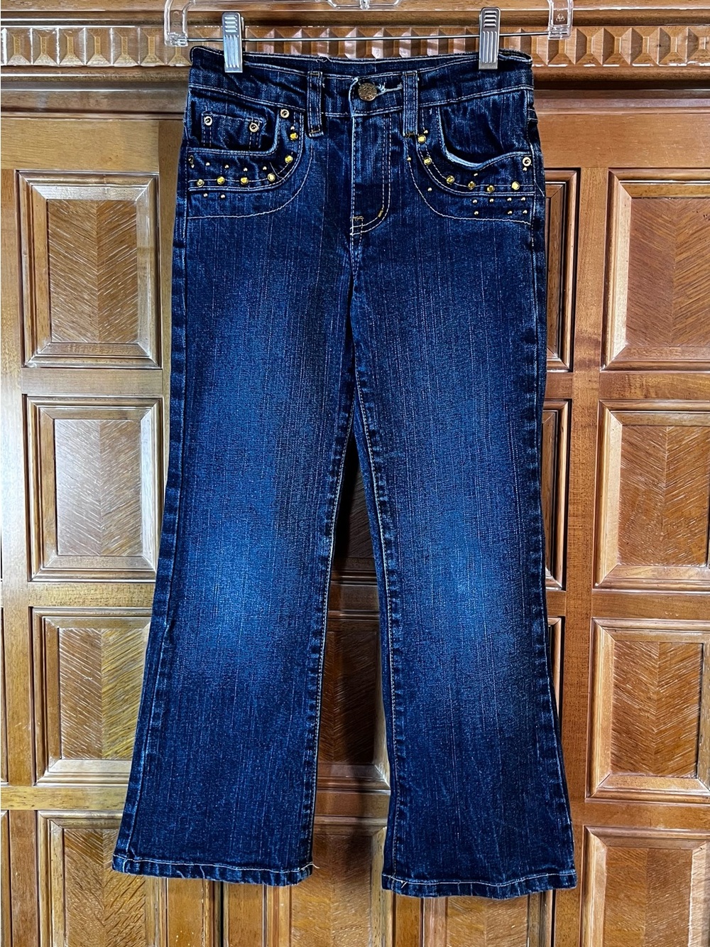 Faded Glory Girls Size 8 Jeans Dark Wash Embroidered Bling Pocket Bootcut 22.5”